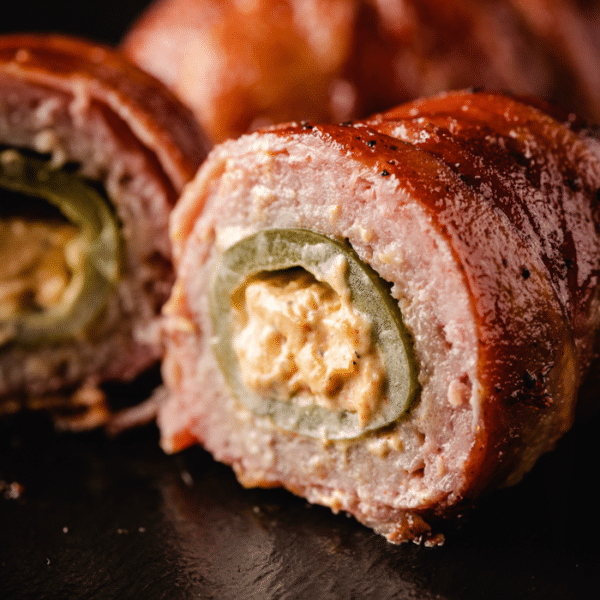 Sliced bacon wrapped armadillo egg on a serving platter.
